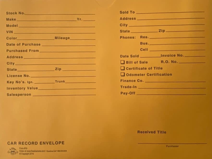 Car Record Envelope #19 Vehicle Dealer Jackets, 100 Quantity, Gold (W17)