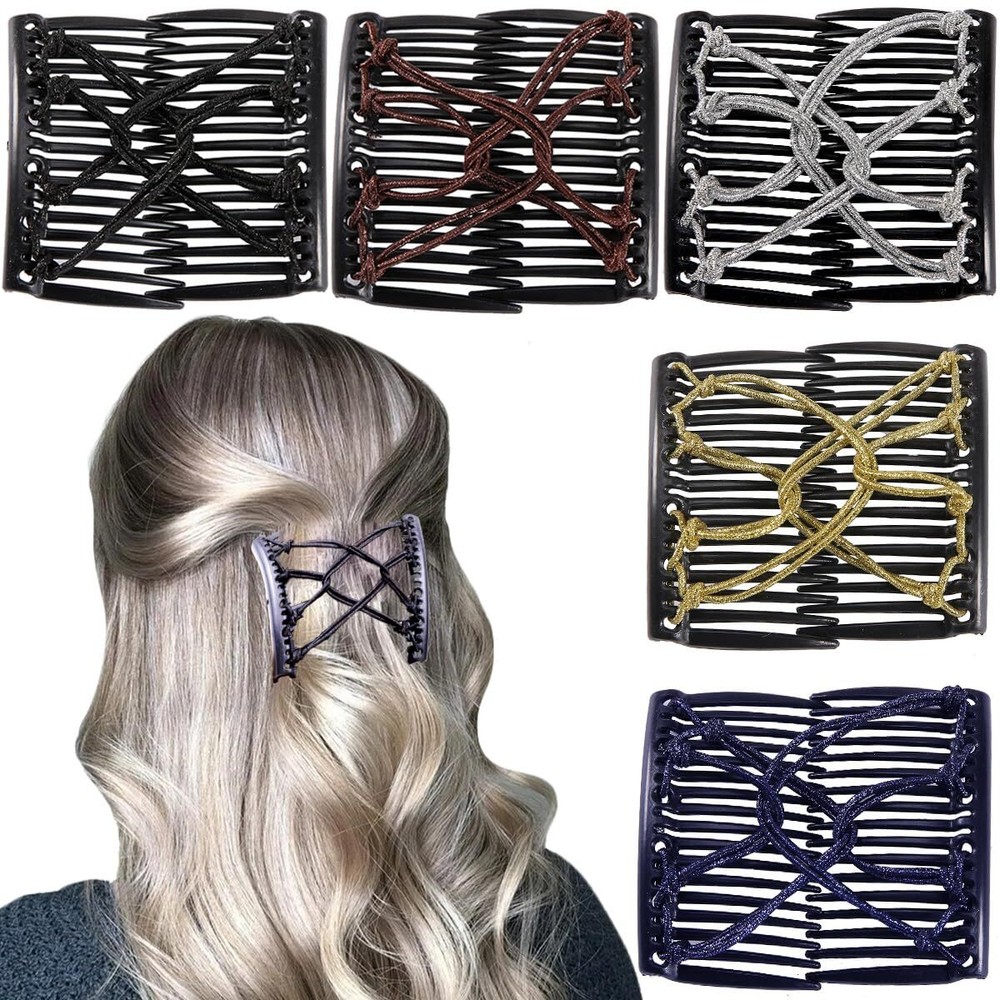 5 Stretchy Magic Hair Combs - Double Comb Forks & Clips for Women