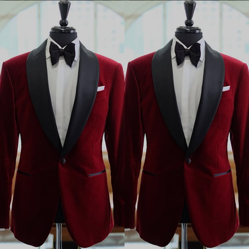 Burgundy Velvet Men's Suit Shawl Lapel Prom Evening 2Pcs Banquet Tuxedo Jacket