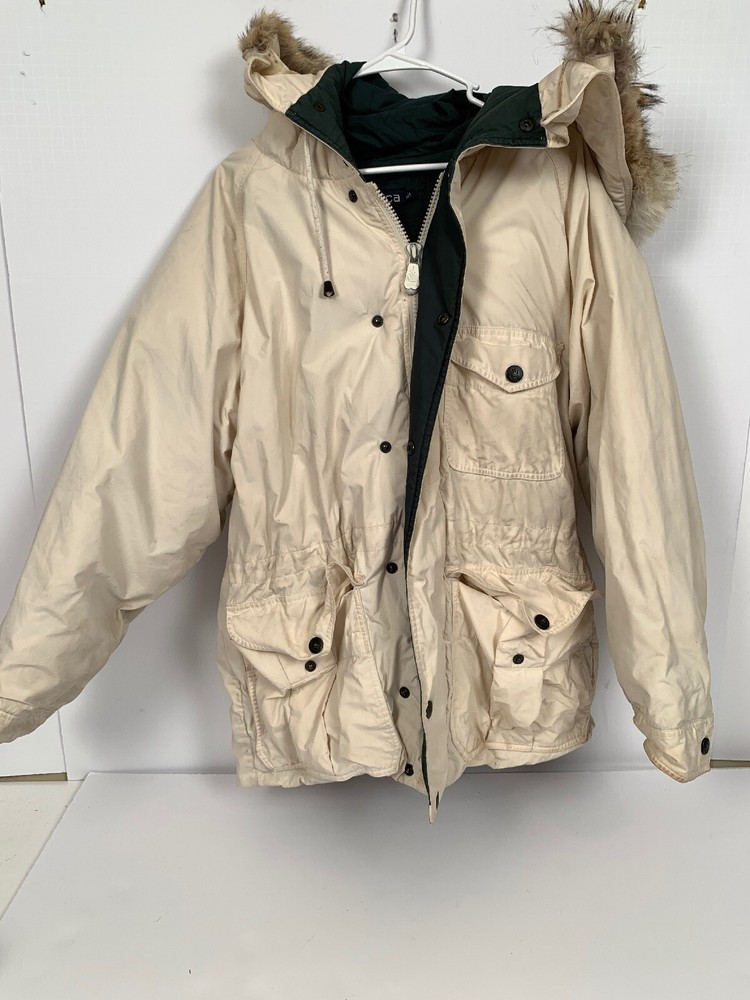 Nautica Reversible Puffer Jacket with Fur Hood Green White Size Small 2-in-1 Design