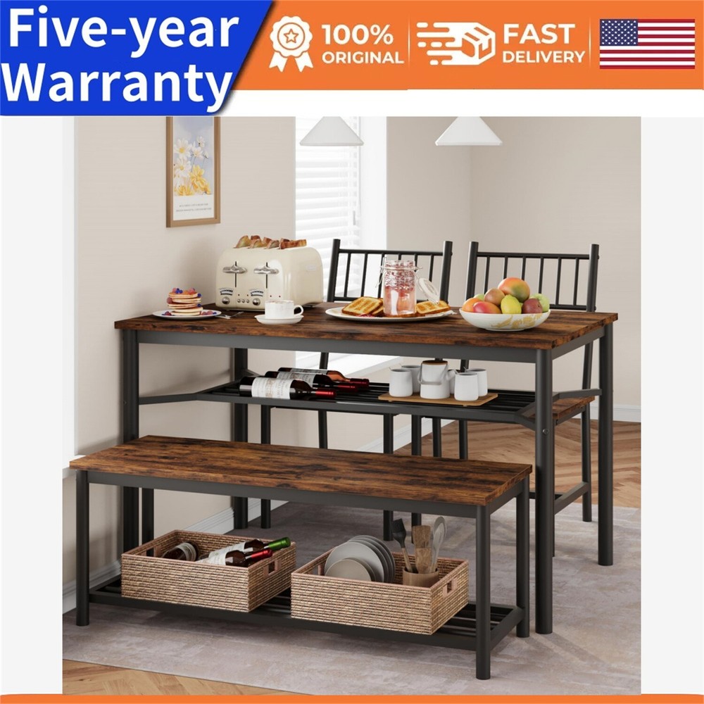4-Piece Dining Set with Table, 2 Chairs & Storage Bench for Kitchen or Dining Room