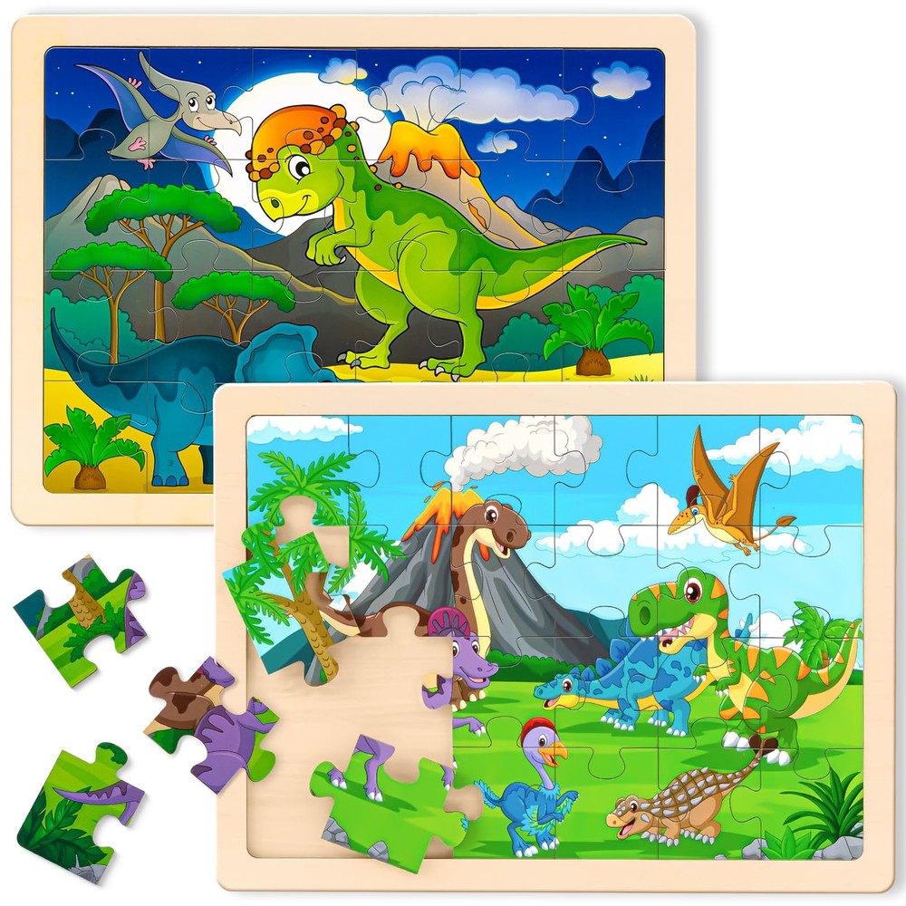 Wooden Dinosaur Puzzles for Kids Ages 3-5 with Gift Case 2 Packs Toddler Jigs...
