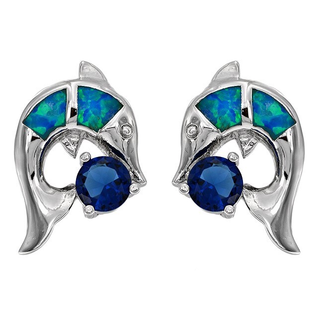 Fish Design Blue Sapphire & Australian Opal Inlay 925 Sterling Silver Earrings