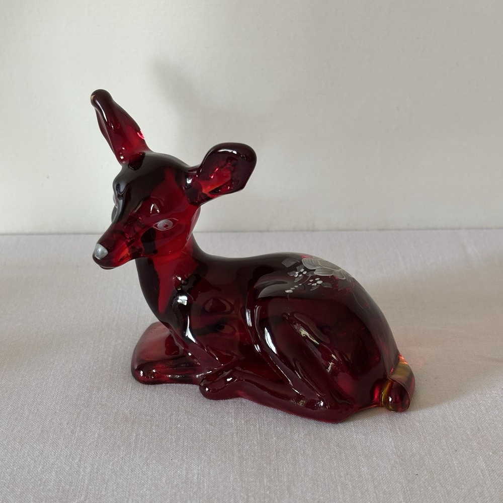 Fenton Ruby Red Glass Deer Figurine Hand Painted Signed Donna Original Labels