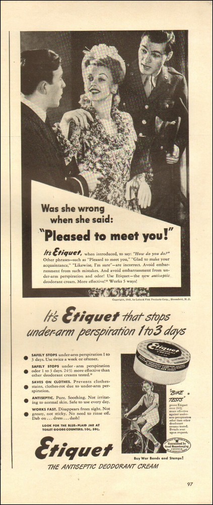 1943 Vintage ad for Etiquet retro Deodorant Cream photo                 02/12/22
