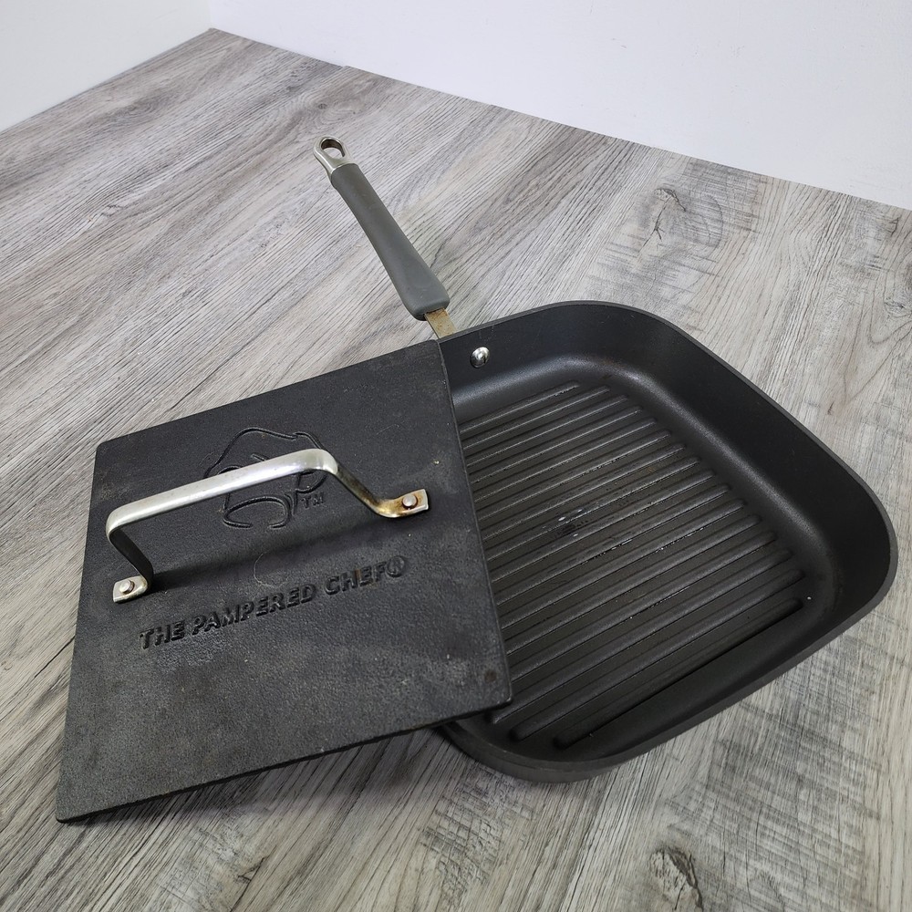 Retired Pampered Chef 11-Inch Nonstick Square Grill Pan with Press for Panini and Griddle Cooking  