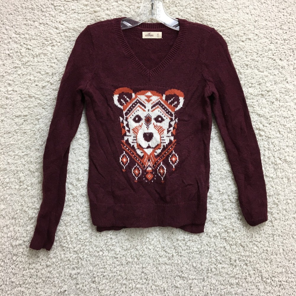 Hollister Sweater Extra Small Adult Red V Neck Pullover Bear Aztec Womens XS