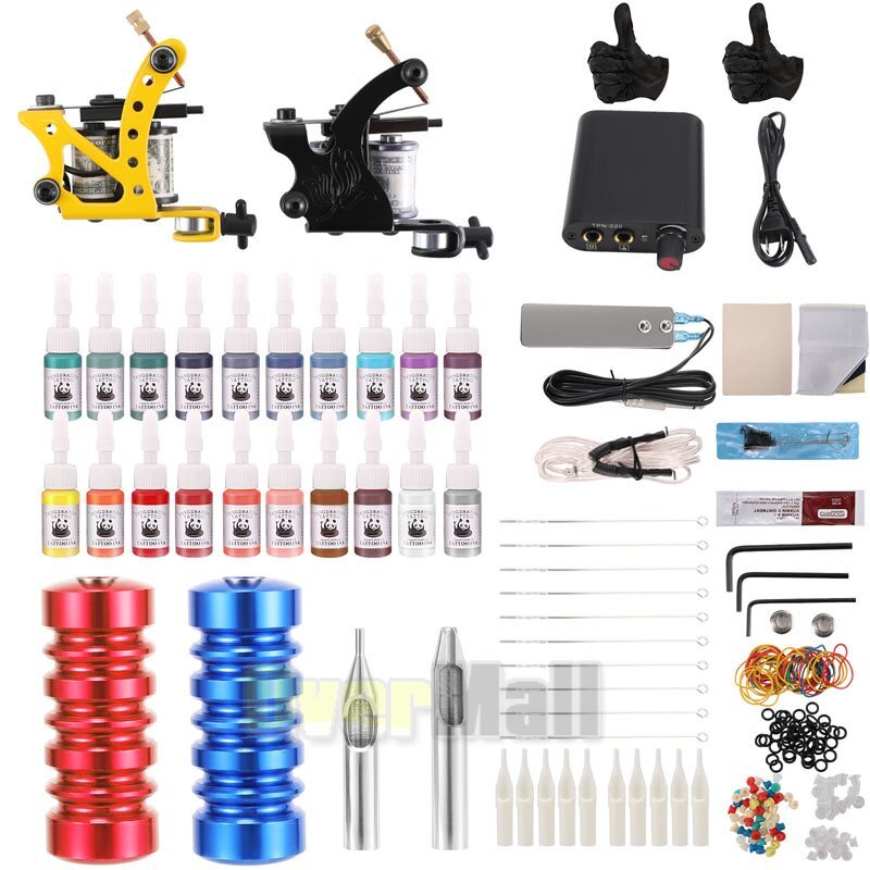 Beginner Tattoo Kit 2 Machine Gun Color Inks Needles Power Supply Tip Grip Set