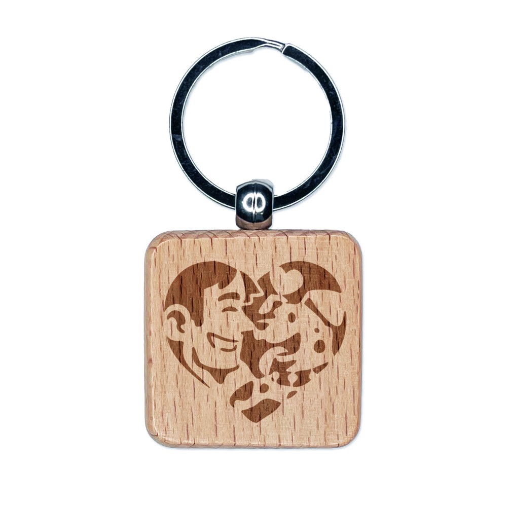Man with Dog Puppy Pet in Heart Engraved Wood Square Keychain Tag Charm