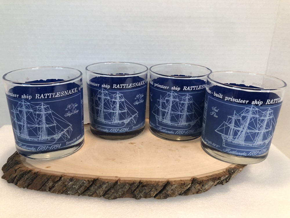 4 Rattlesnake Revolution Blueprint Low Ball Rocks Glass American Privateer Ship