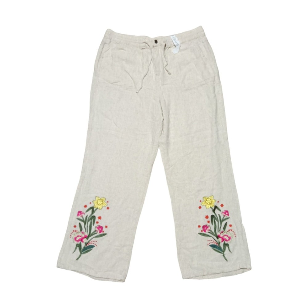 White Floral Embroidered Linen Beach Pants size L