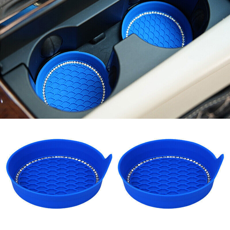 2x Bling Rhinestone Car Interior Cup Holder Insert Coaster Anti Slip Blue