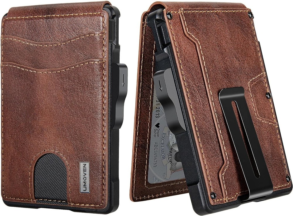Wallet for Men - with Money Clip Slim Leather Slots Credit Brown Red