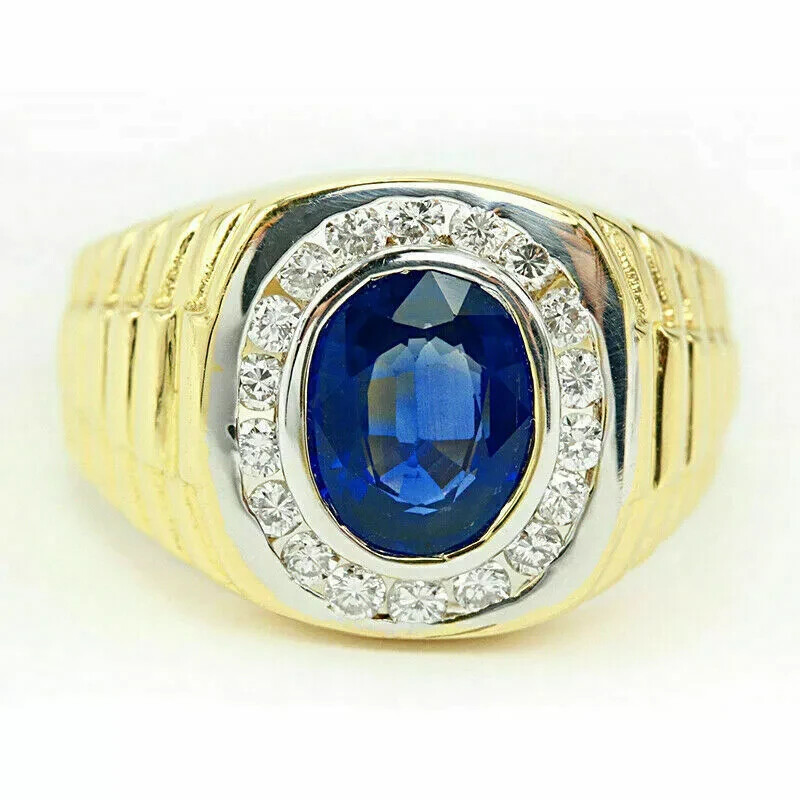 2ct Oval Lab-Created Sapphire Halo Men's Engagement Ring 14K Yellow Gold Plated