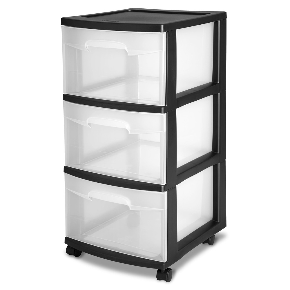 Sterilite 3 Drawer Plastic Cart Black W/ Clear Drawers Adult Transparent Drawer