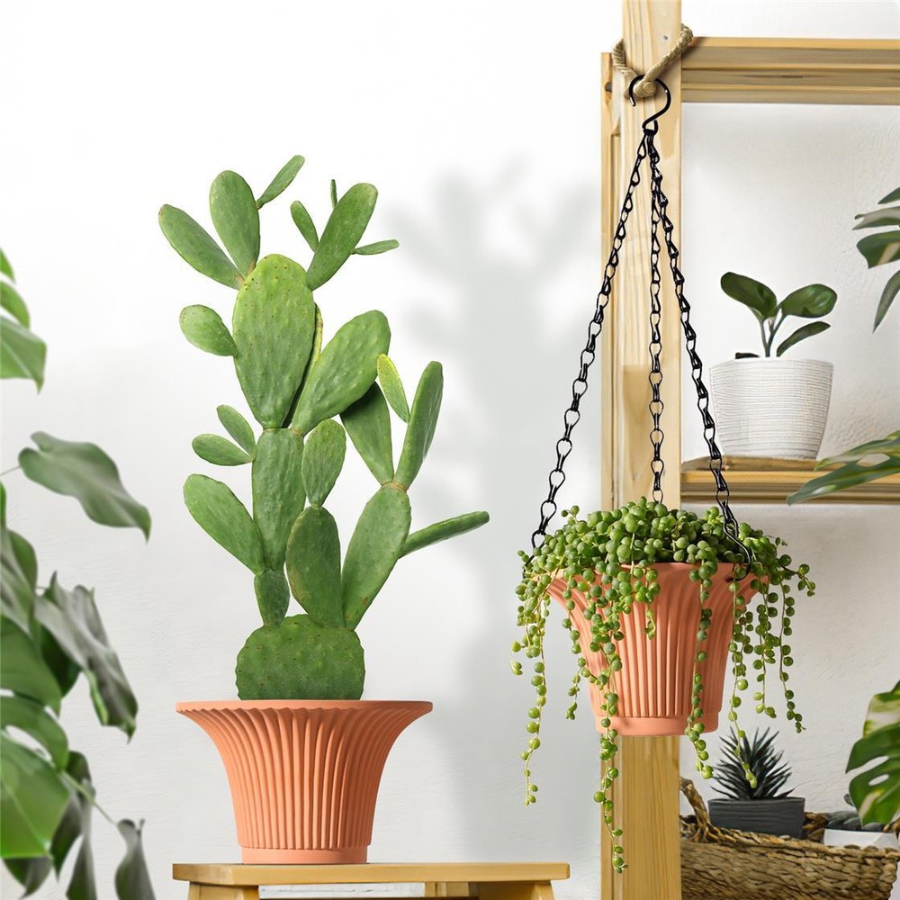 Hanging & Standing Trumpet Stripe Red Clay Flower Pot – Indoor/Outdoor Decor US