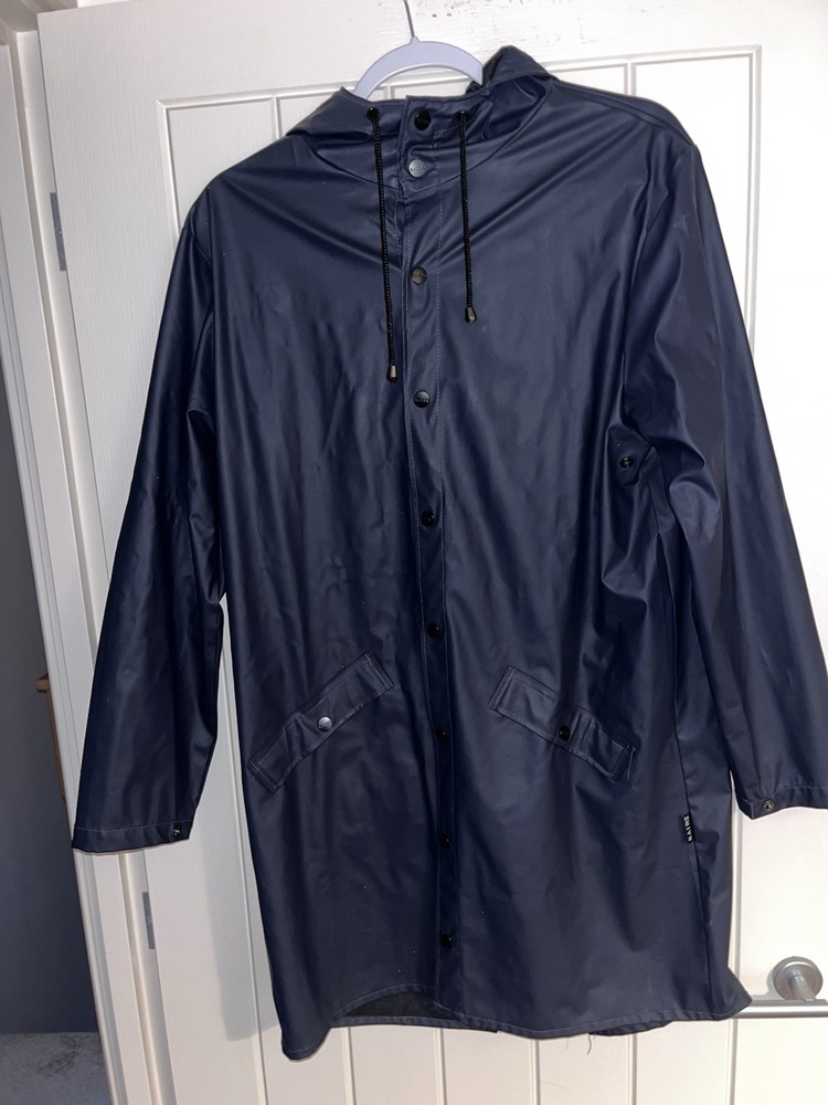 Mens RAINS Navy Hooded Long Raincoats Size XS/S worn once