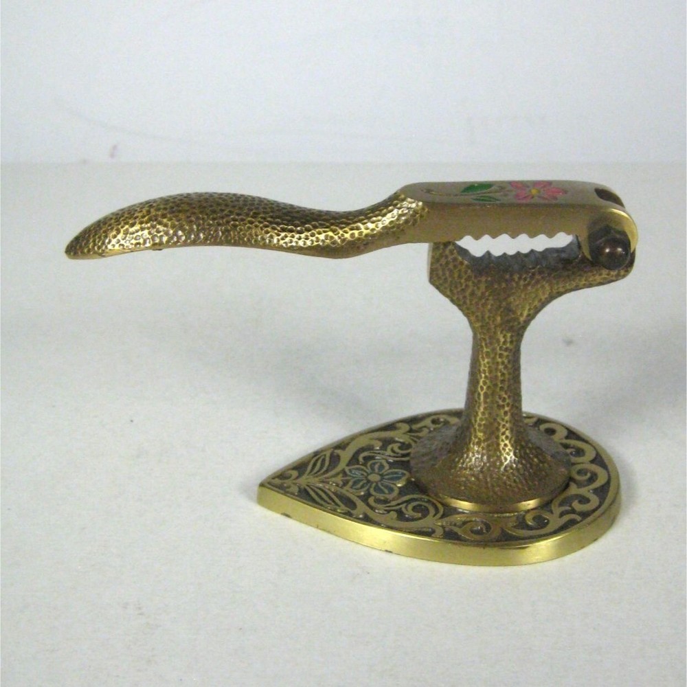 Vintage Tamar Brass Nut Cracker Israel Vintage Hammered Floral Enamel