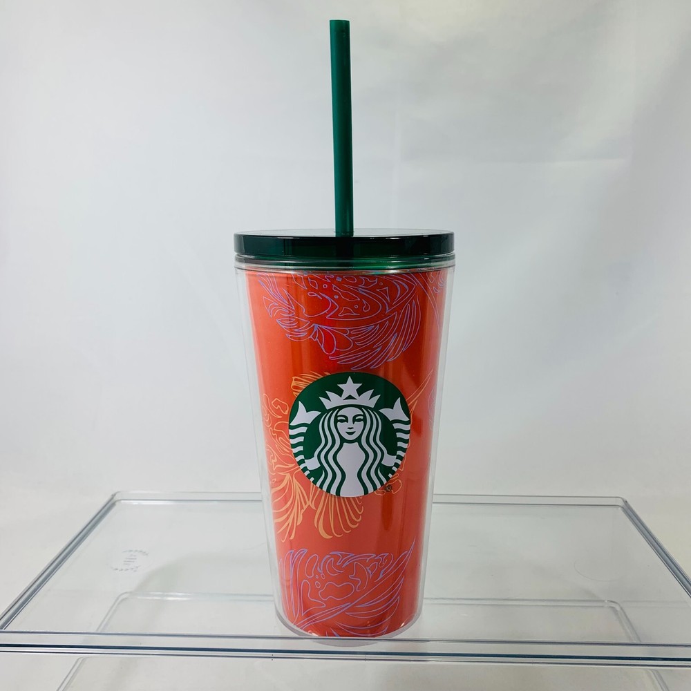 Starbucks 16oz Reusable Cold Cup Tumbler Straw Orange Fall Floral Leaves