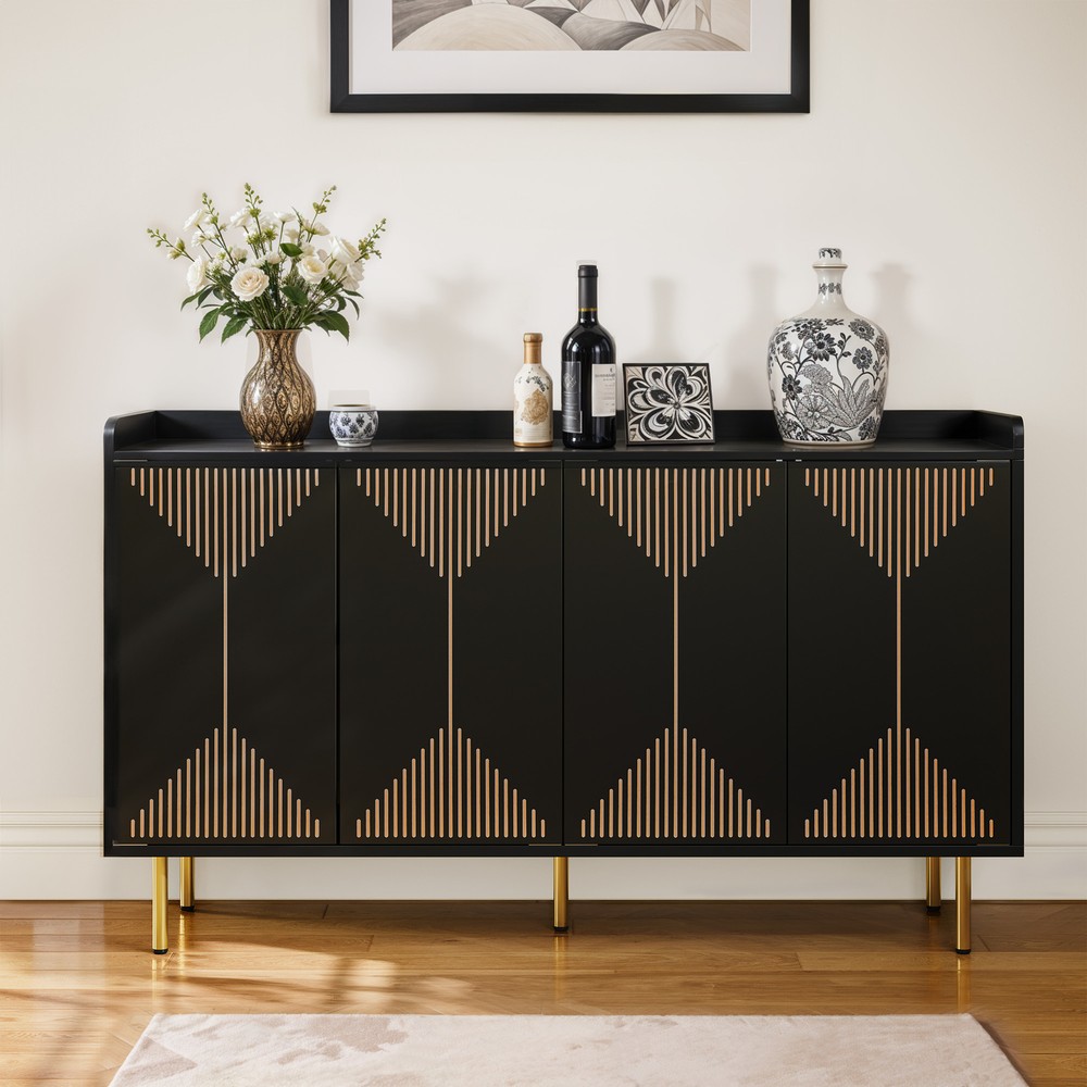 39-Inch Black Sideboard Cabinet with 4 Doors Adjustable Shelves Coffee Stand Accent Table