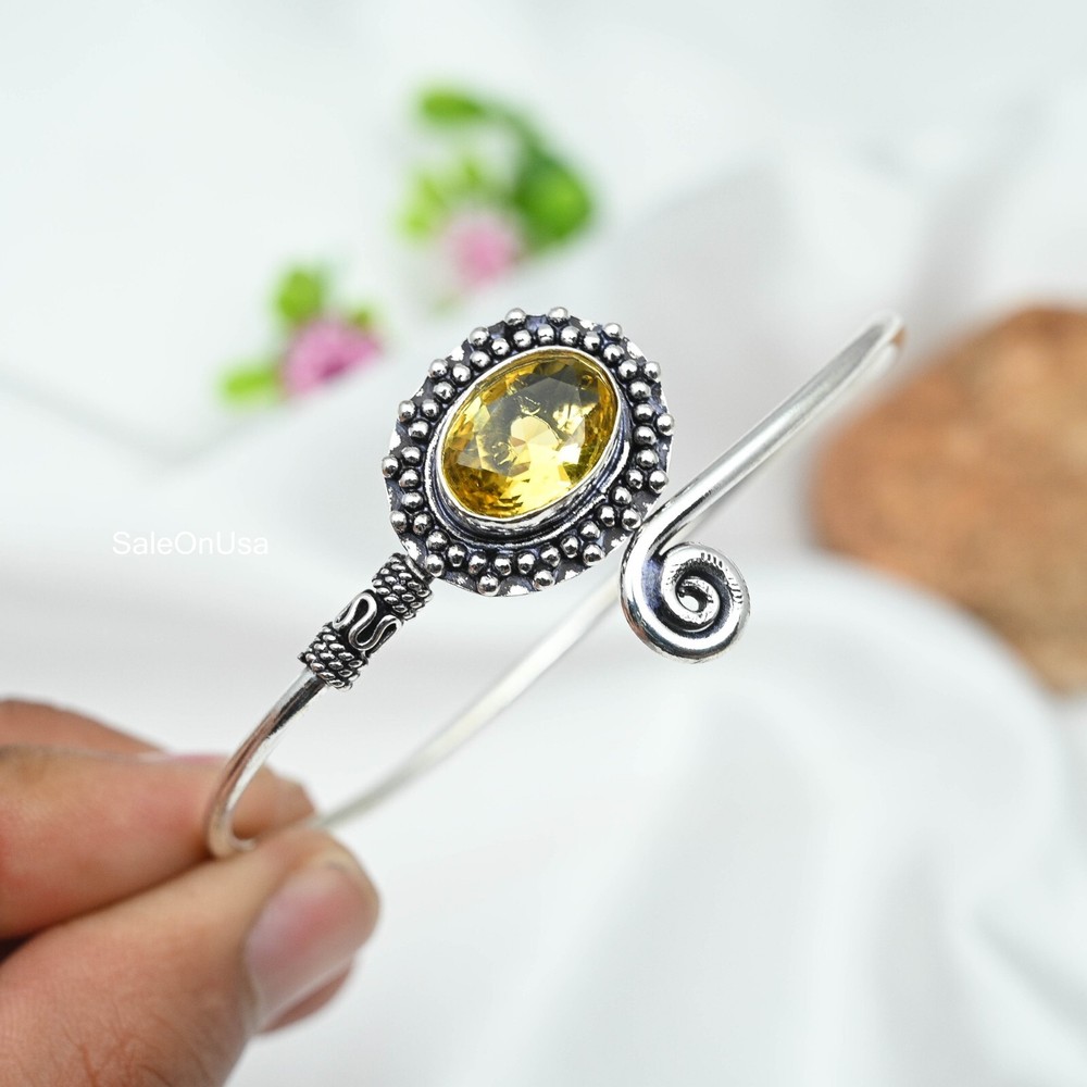 Citrine Gemstone Cuff Bangle in 925 Sterling Silver Handmade Jewelry Birthday Gift