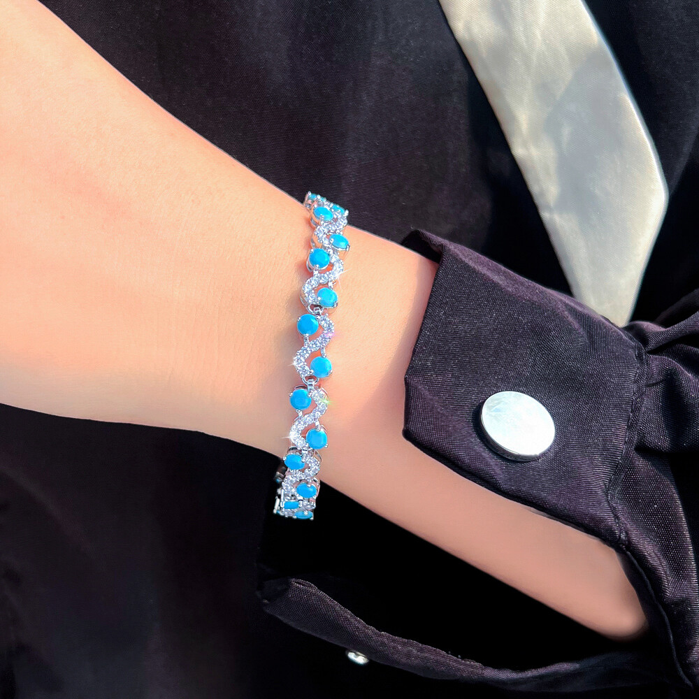 Elegant Blue Turquoise Tennis Bracelet with CZ Stones for Women