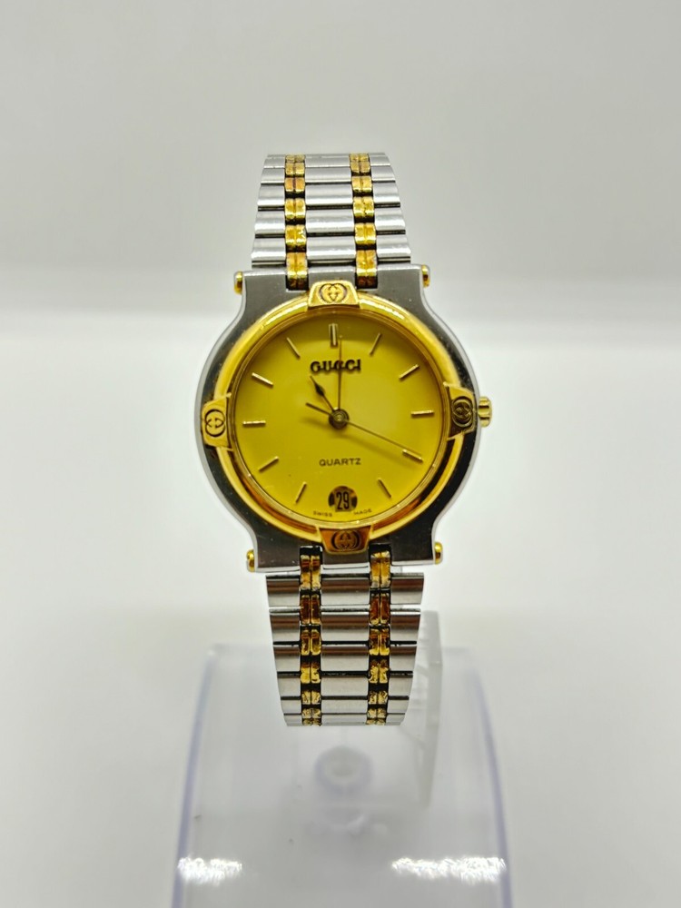 GUCCI 9000M Mens Gold Dial Quartz Watch 32mm Date Used Working Exc+5 Condition