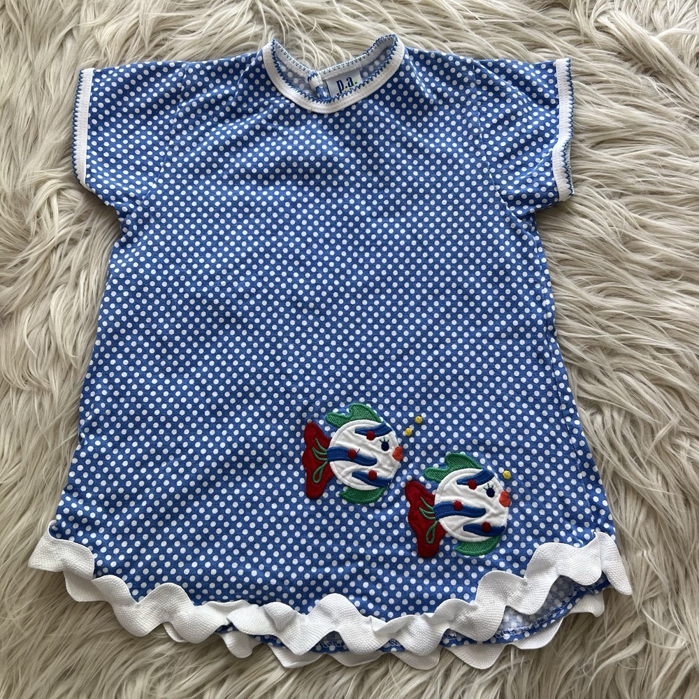 Vintage 90s PA Kids Blue Polka Dot T Shirt Dress Fish Embroidered Girls Size 3T