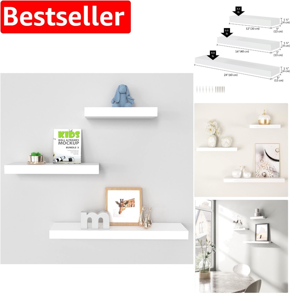 3 White Floating Shelves - Stylish Storage for Any Room Decor
