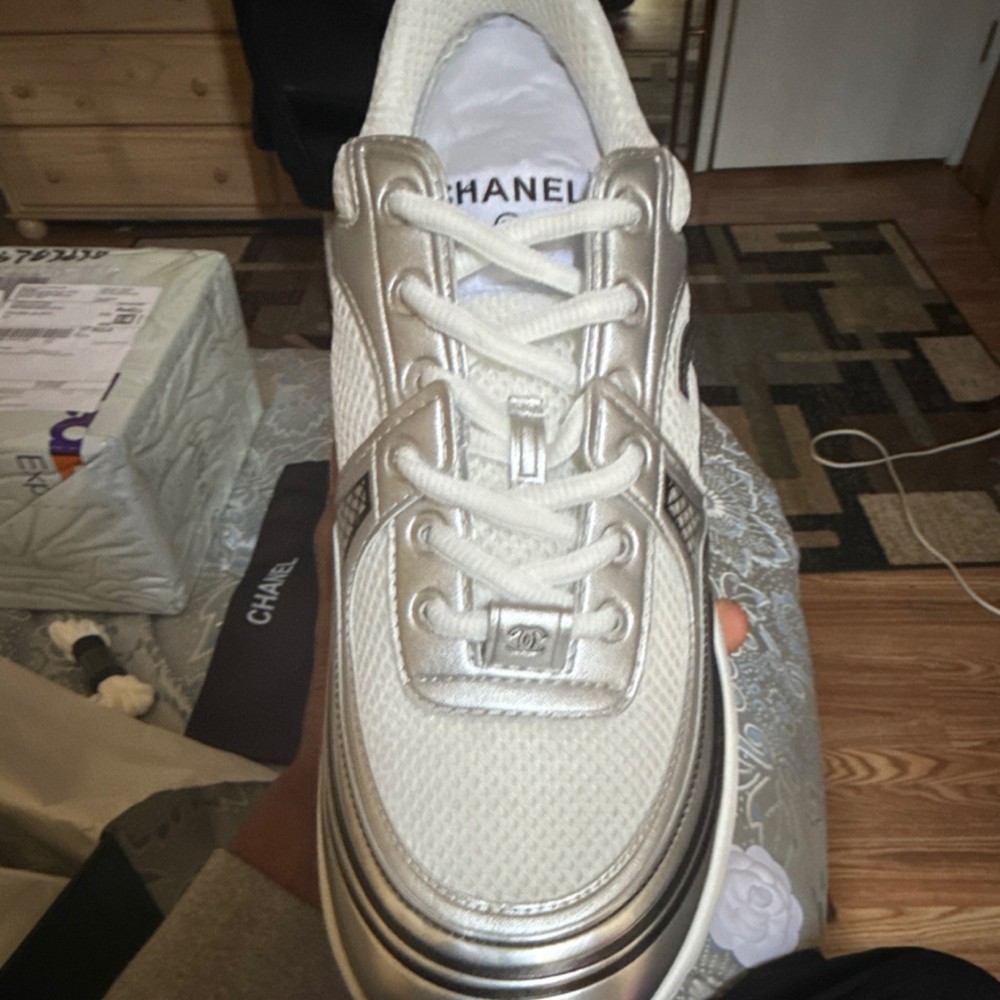 CHANEL White Silver Logo Lace Up Women's Low Top Sneakers G37488