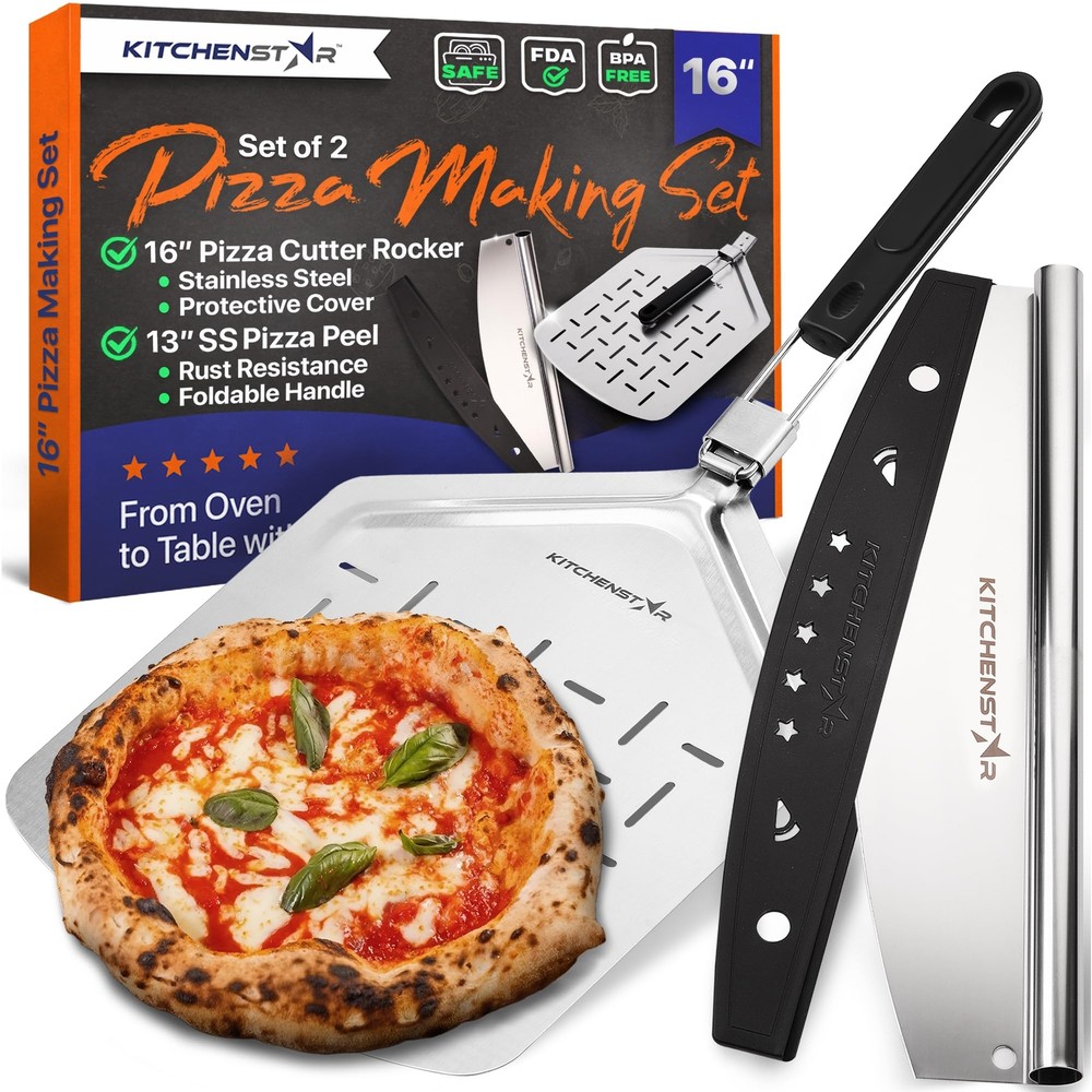 16-inch Pizza Making Kit Set of 2 with Rocker Knife Cutter and Blade Cover  