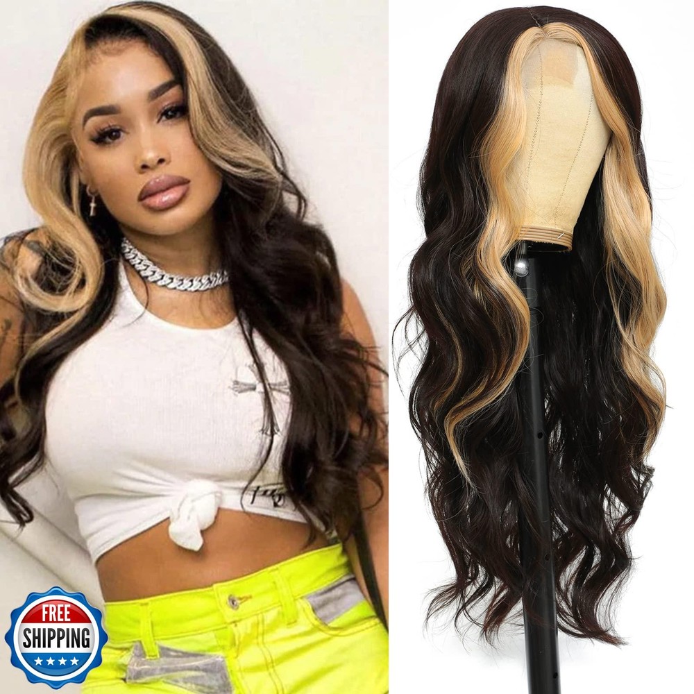 xccoco Long Wavy Wigs for Women Black Highlighted Wig Body Wave Synthetic Lac