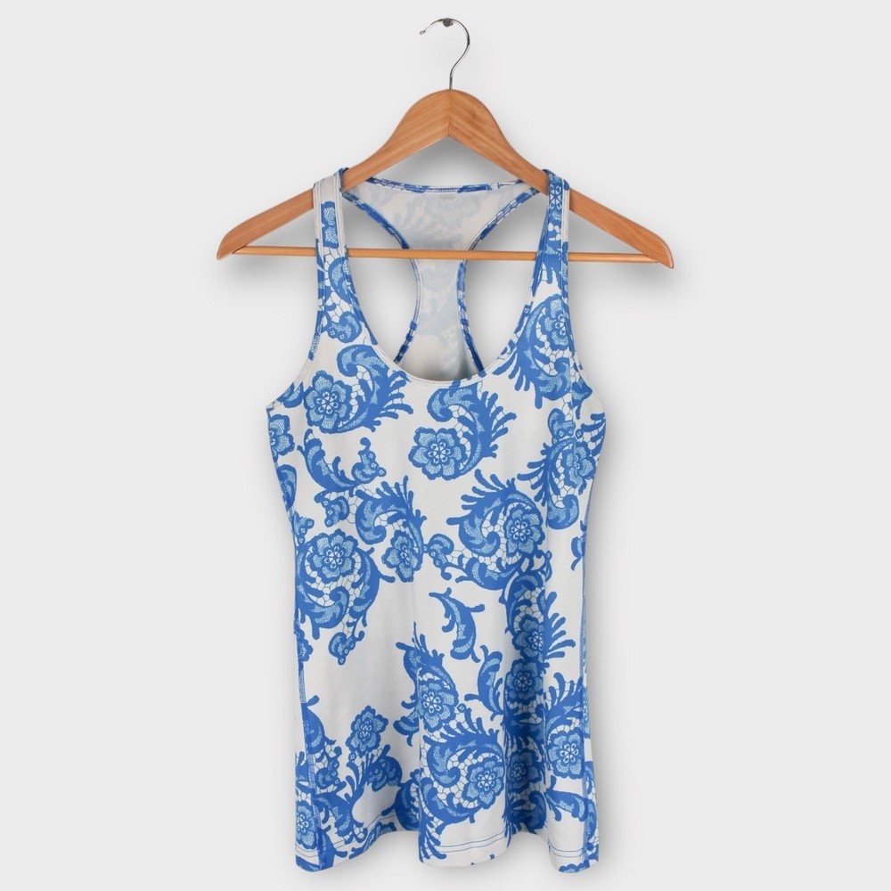 Lululemon Racerback Tank Top Women's Size 4 Blue White Floral Print Yoga Workout