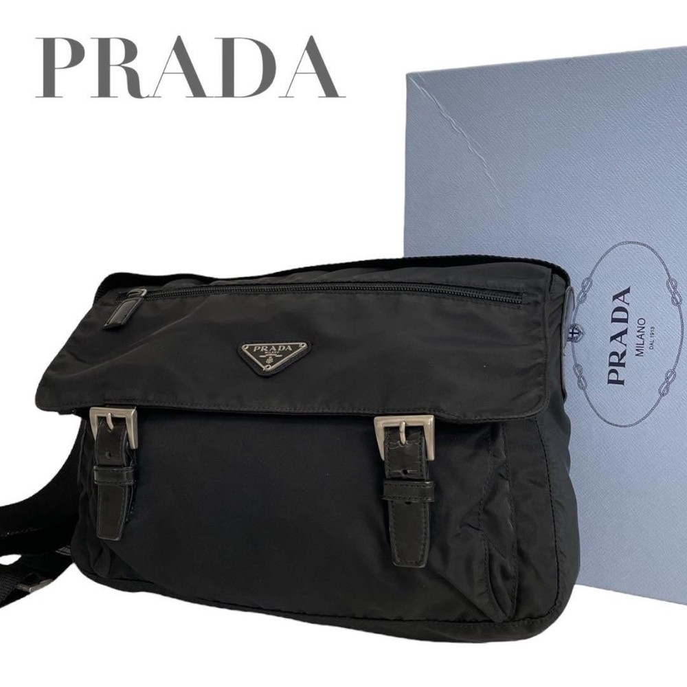 Prada Black Nylon Shoulder Bag with Triangle Logo Flap Excellent Condition