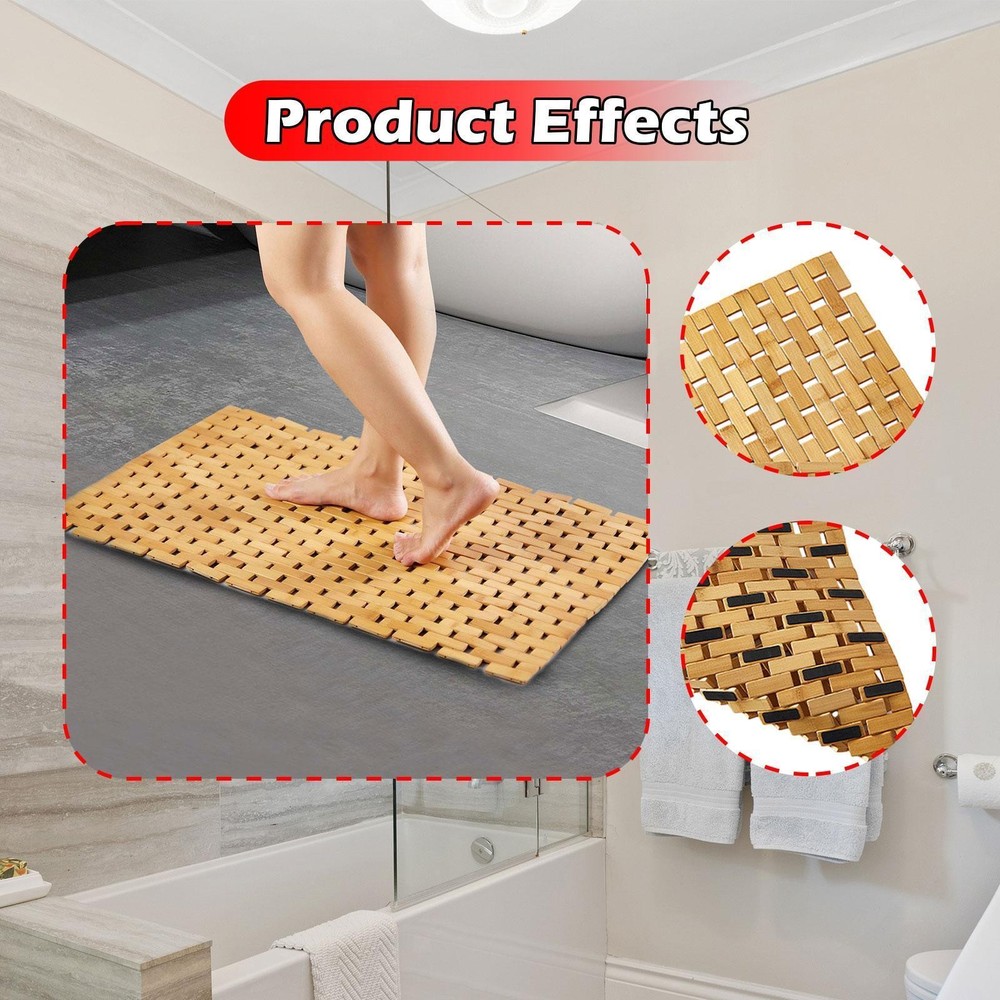 Non-slip bamboo bath mat for wet floors, pools, and outdoor showers