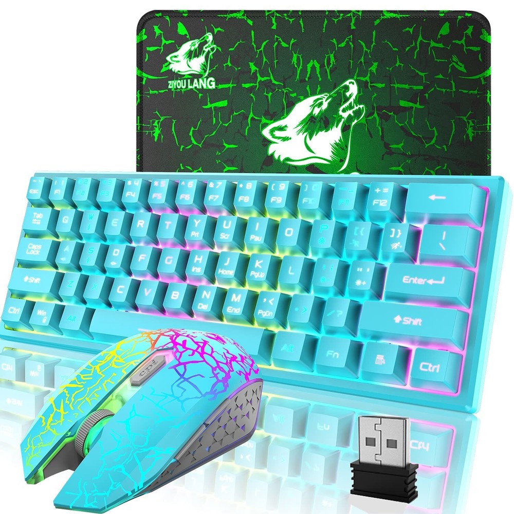 Wireless Gaming Keyboard and Mouse Combo,61 Key Rainbow Backlit Keyboard with...