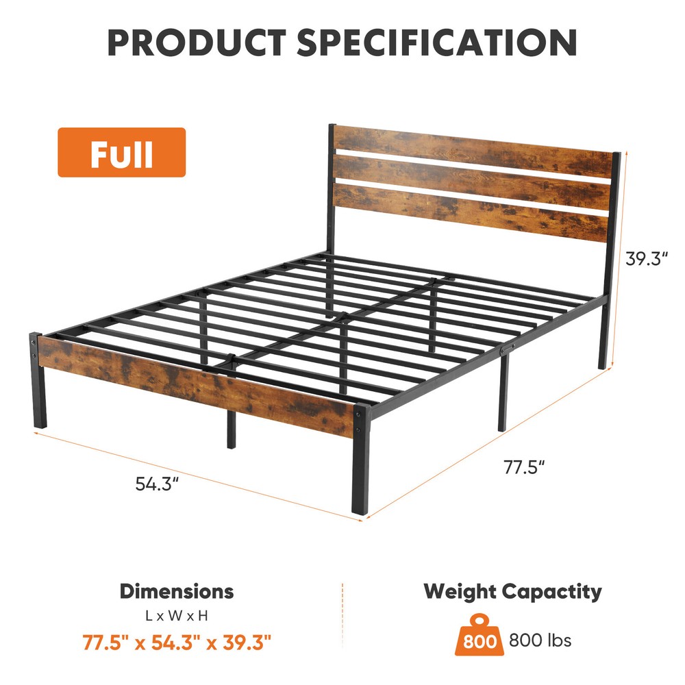 Bed Frame with Wooden Plank Headboard Metal Platform Bed, No Box Spring Needed