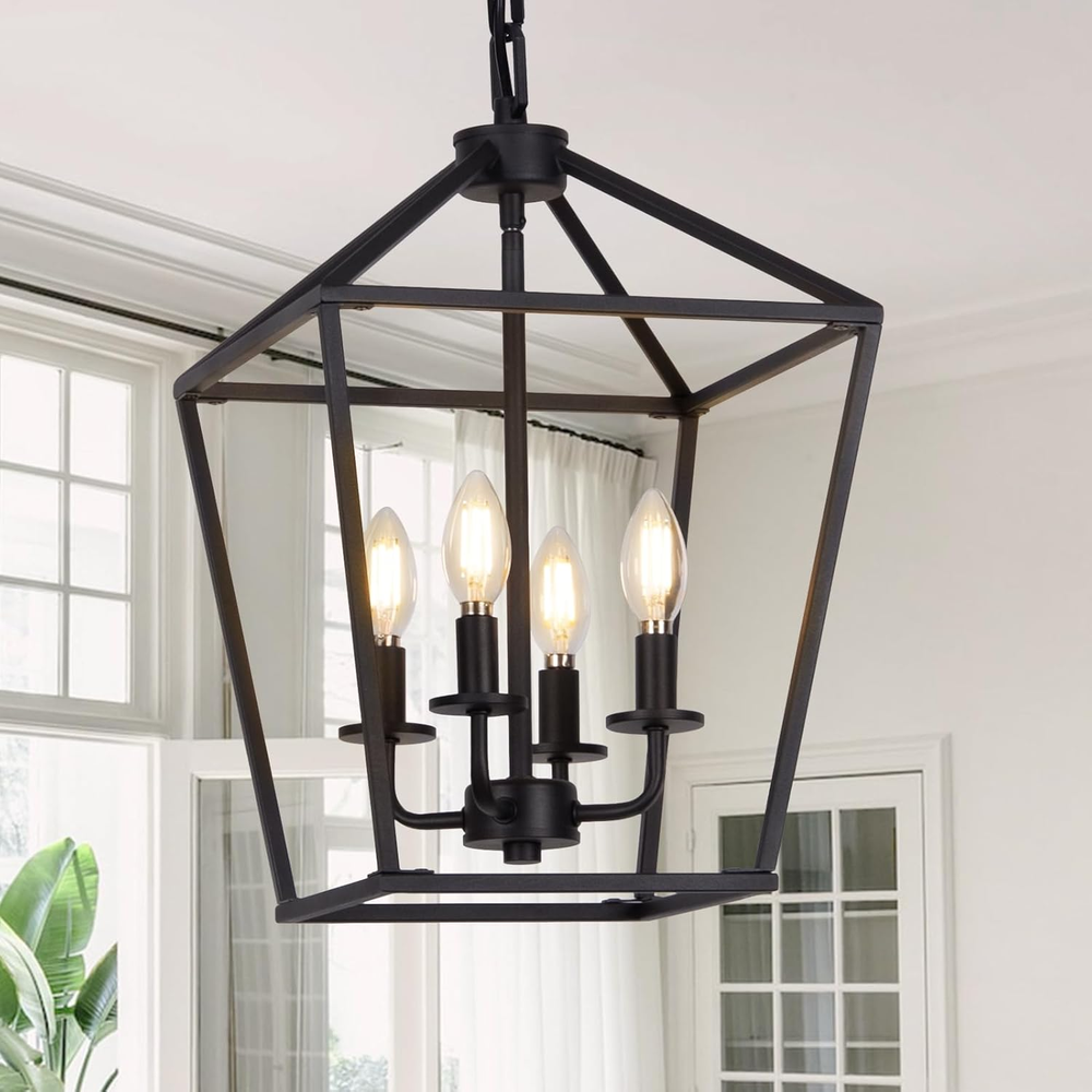 4 Light Chandelier, Industrial Ceiling Light Black Lantern Light Fixtures wit...