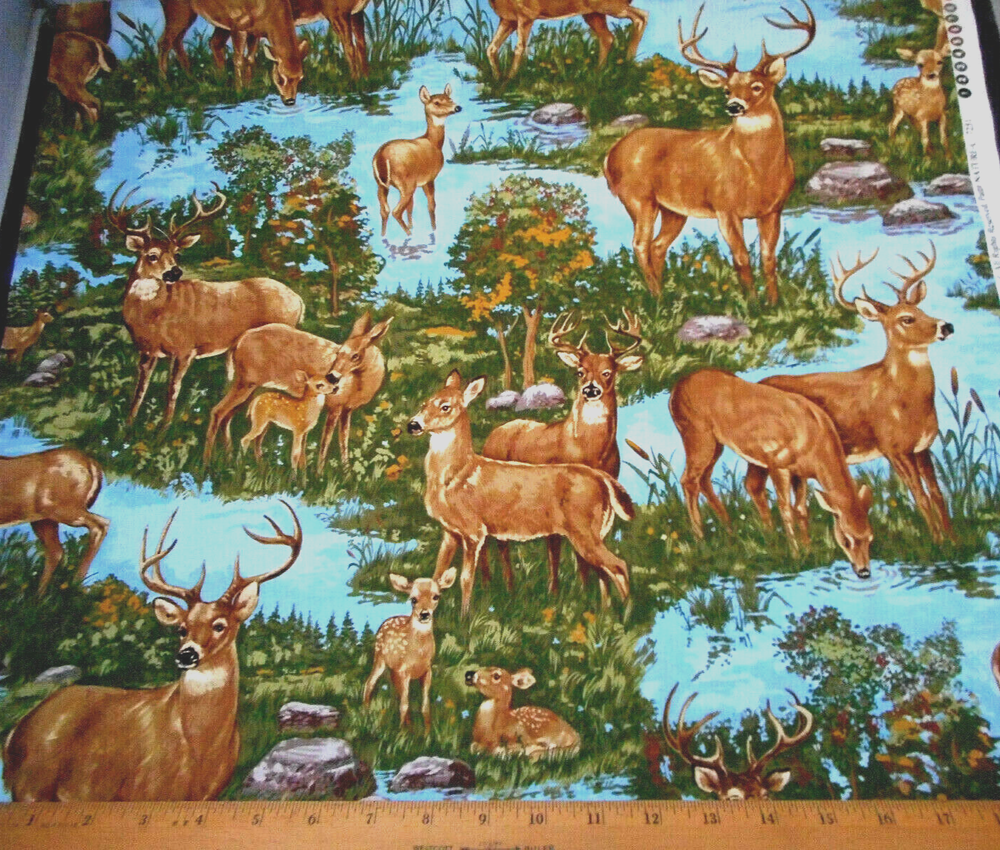 Cotton Fabric 1/2 Yard Deer Doe Buck Family Nature Water Grass Scene T.T. Vtg #C