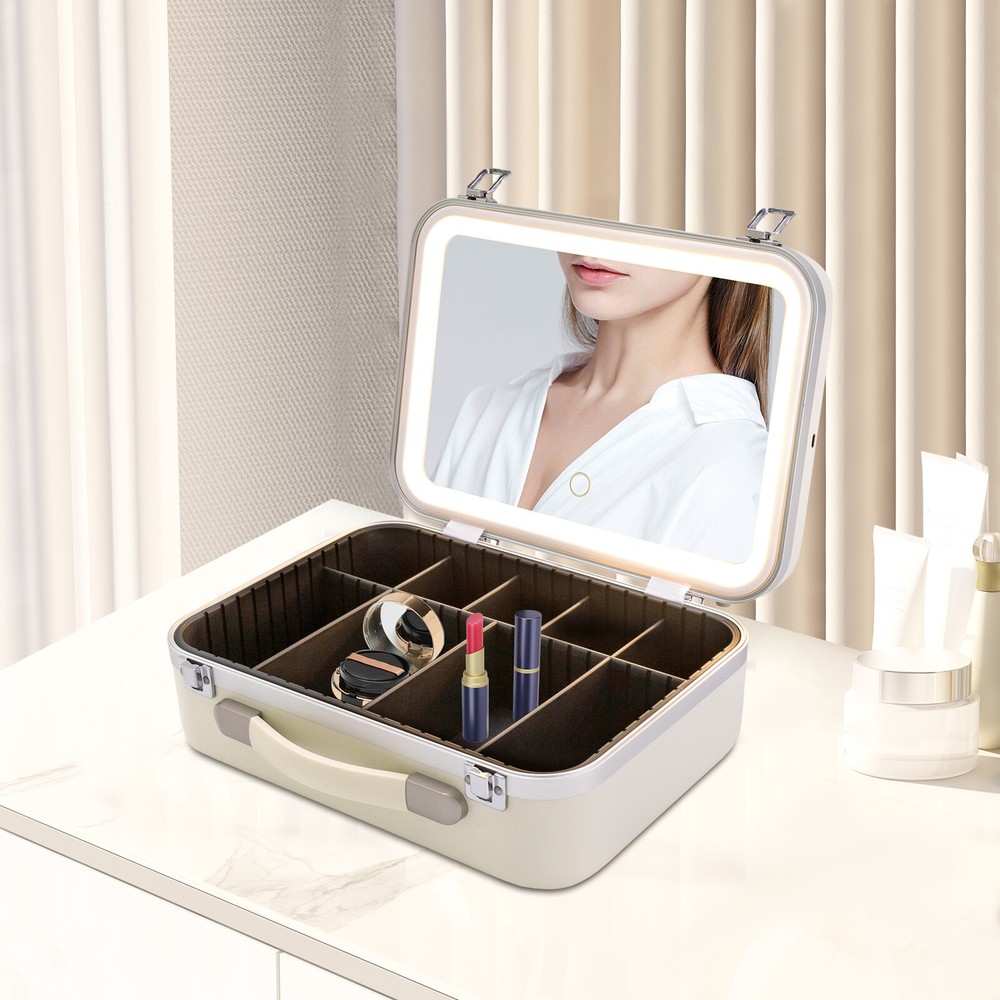 Portable Cosmetic Organizer Box Travel Makeup Train Case With LED Light + Mirror