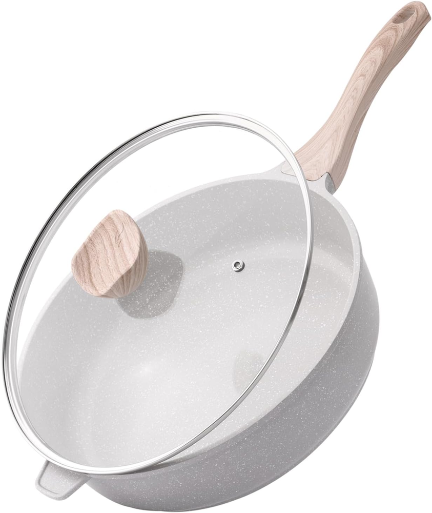 Nonstick Ceramic 12 Inch Deep Frying Pan with Lid 5 Qt Non Toxic Skillet