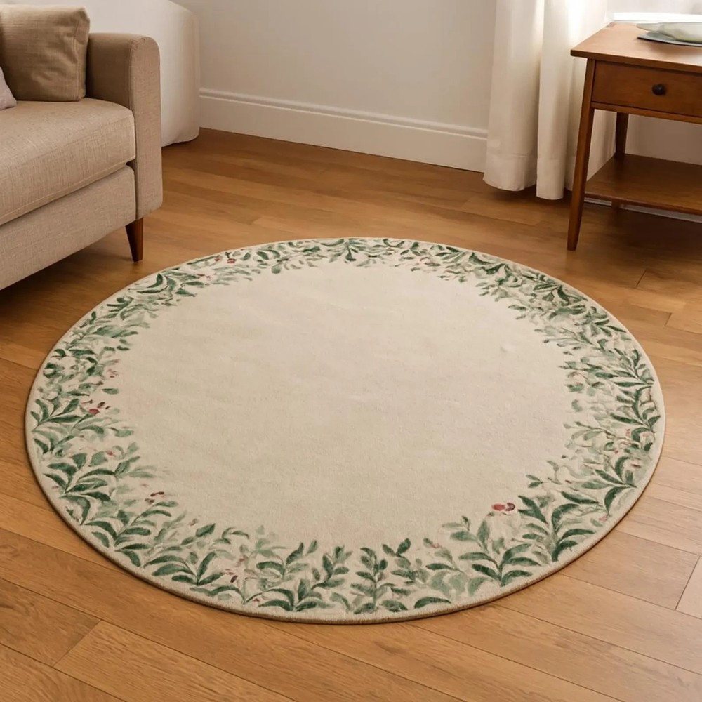 Handmade Round Hand-Tufted Rug with Botanical Border – Area Rug
