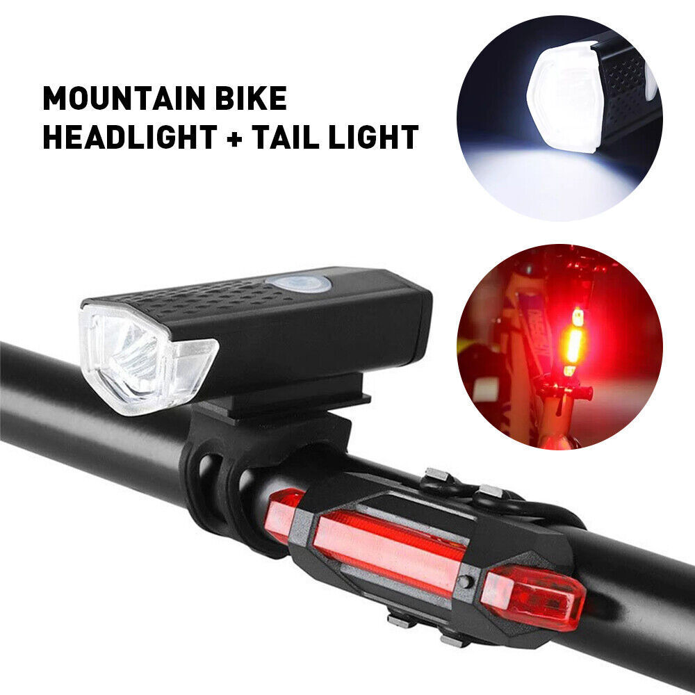 LED Bicycle Headlight Bike Front Rear Light Cycling Lamp Set USB Rechargeable