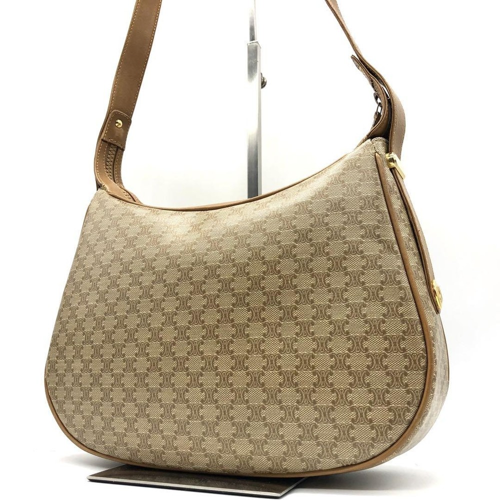 CELINE Macadam Pattern One-Shoulder Bag Beige Leather Gold Fittings Authentic