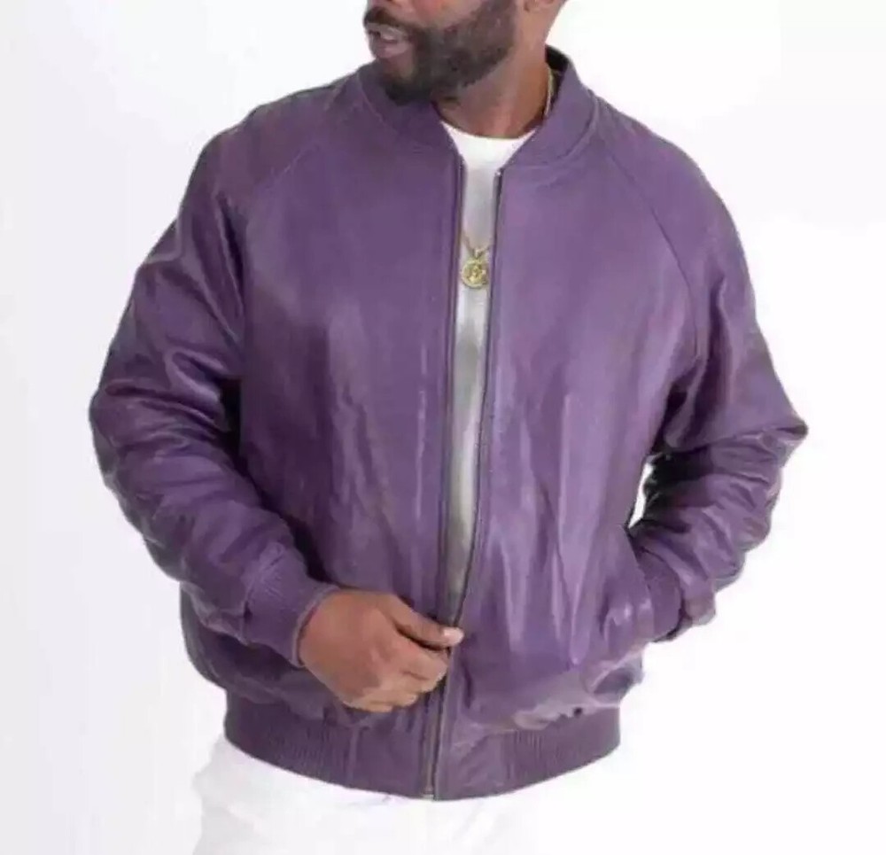 Men's Purple Genuine Leather Oversized Bomber Jacket with Elastic Waist