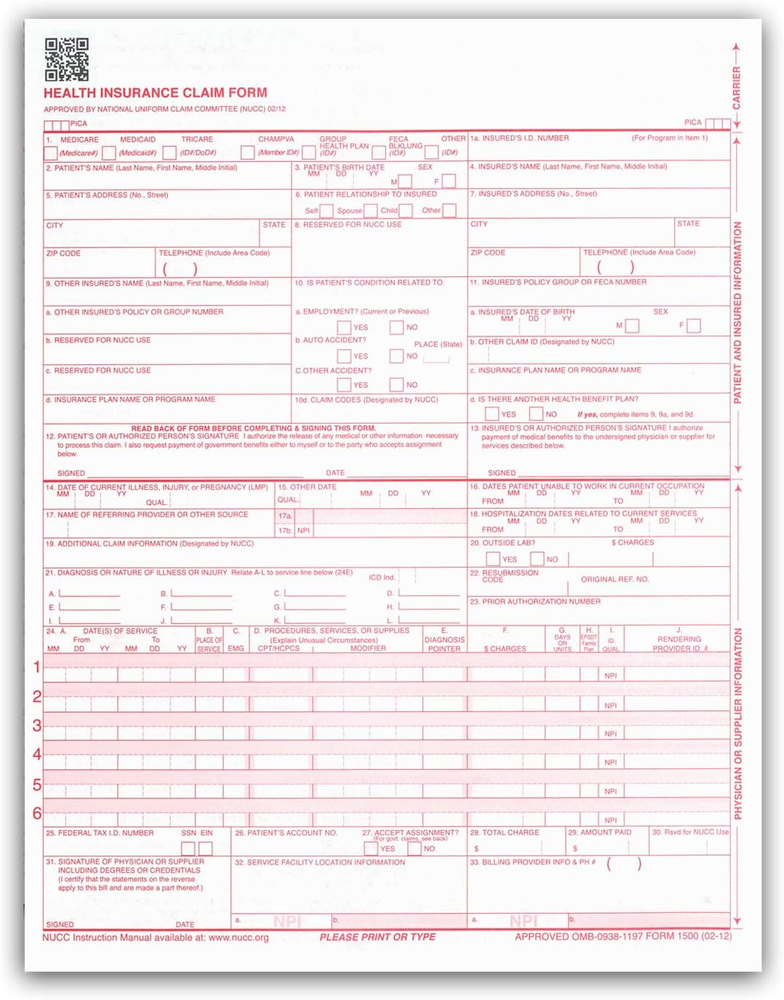CMS 1500 / HCFA 1500 Insurance Claim Forms - Laser/Ink-Jet Compatible (New Versi