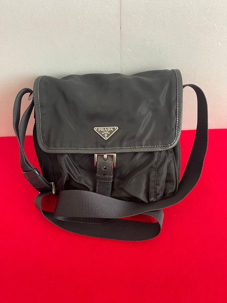 Rare Black Prada Nylon Leather Shoulder Bag with Triangle Logo