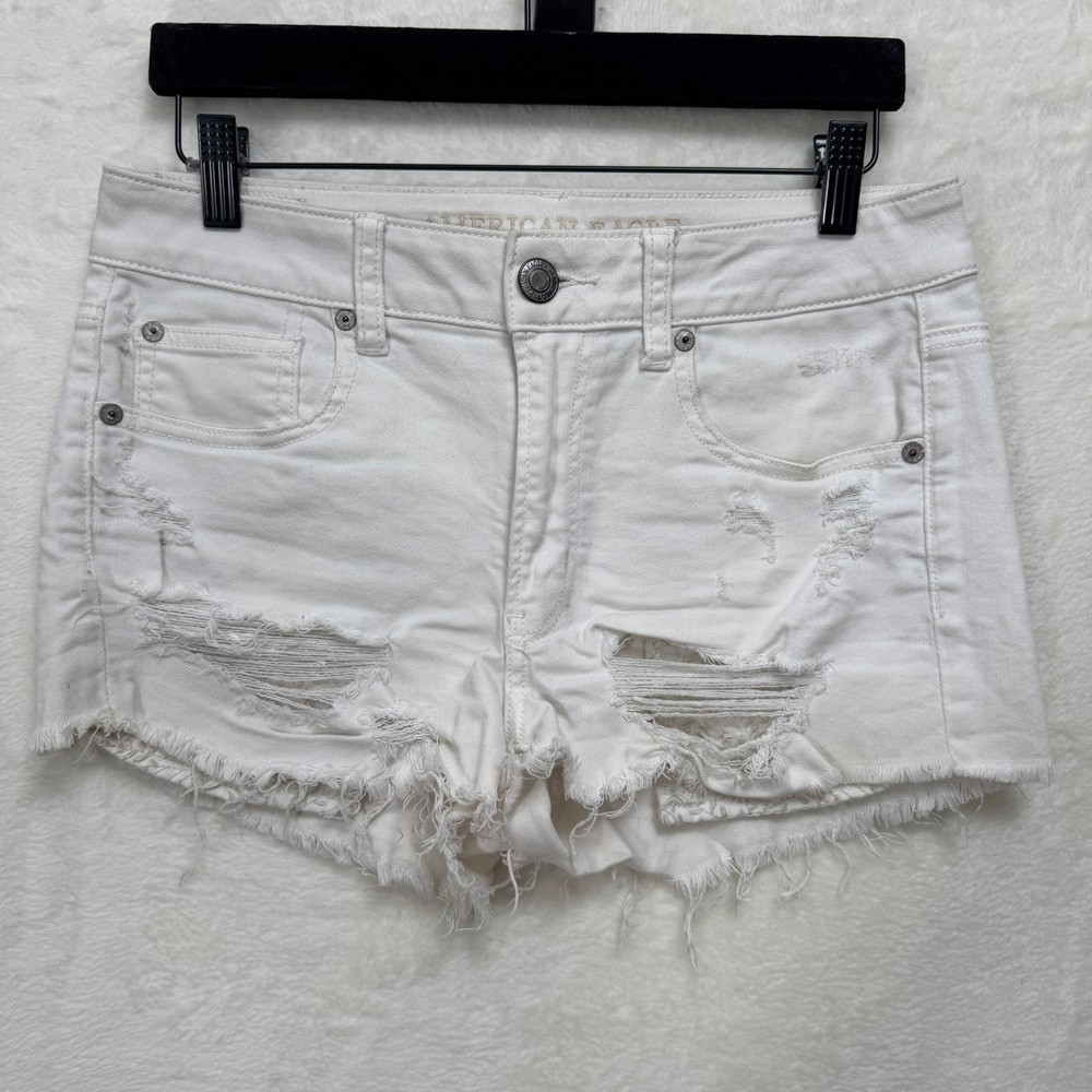 American Eagle Denim Shorts Womens 6 White Hi-Rise Shortie Distressed Frayed Hem