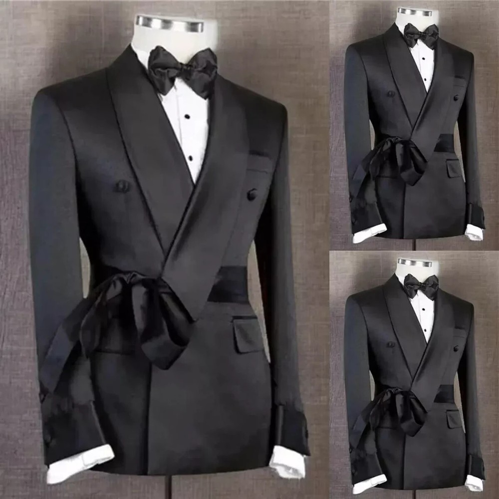Men Slim Fit Double Breasted Formal Suit with Belt Shawl Lapel Tuxedo