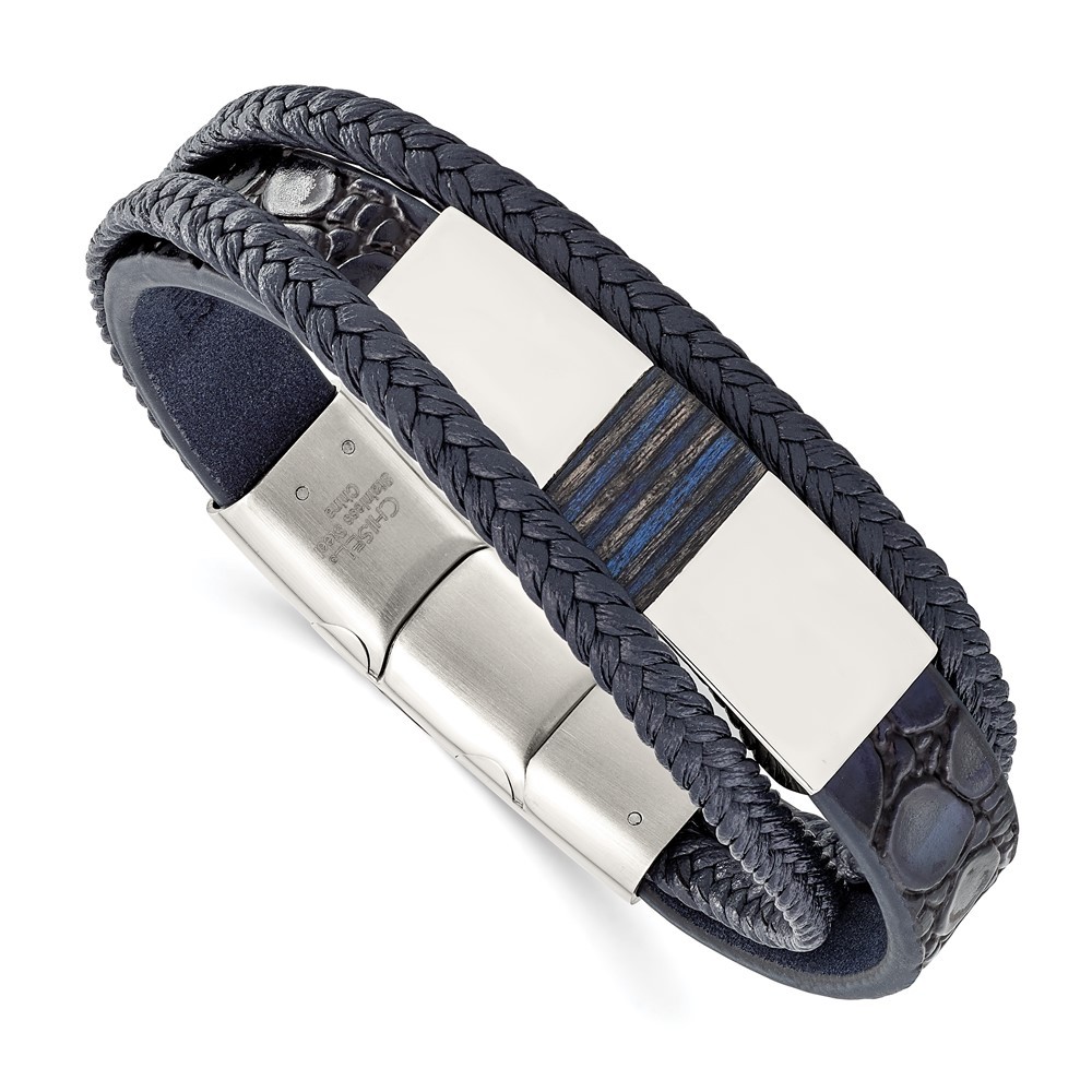 Stainless Steel Blue Wood Multi Strand Blue Leather Bracelet 8